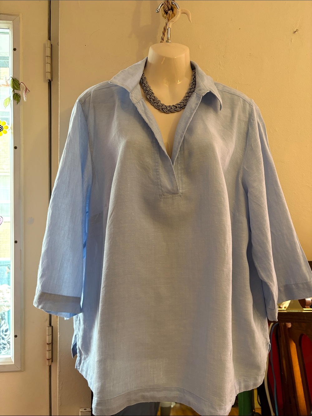 Tahari Pale Blue Split V-Neck Tunic Linen
